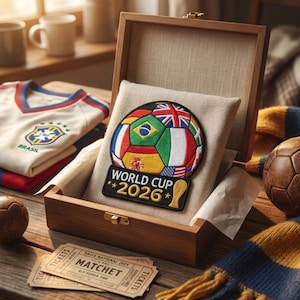 May include: A wooden box contains a soccer ball patch with flags of various countries, including Brazil, the UK, and the USA, with "WORLD CUP 2026" text. A soccer jersey and tickets are also visible.