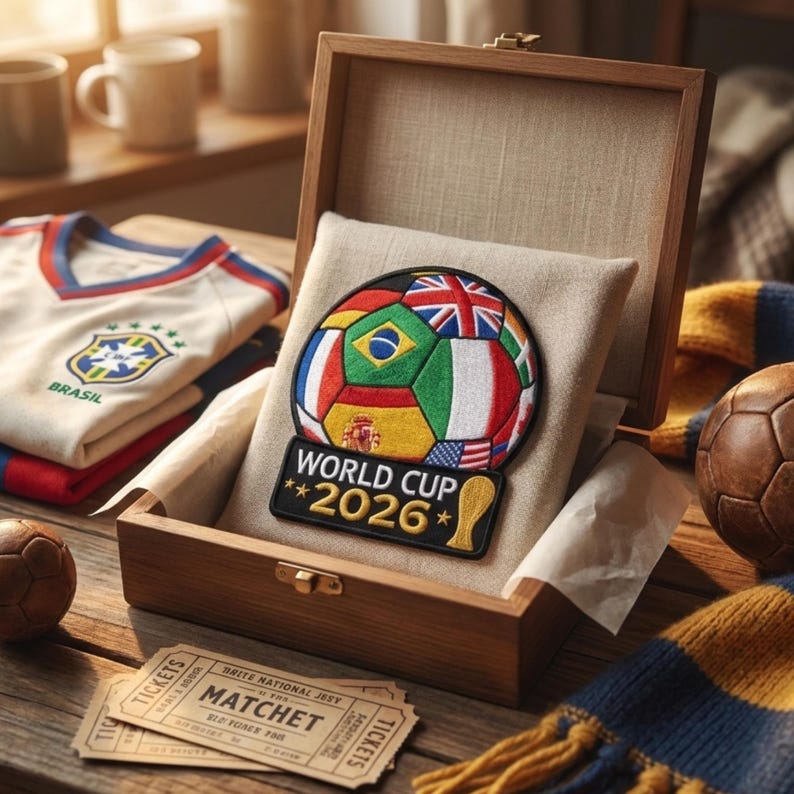 May include: A wooden box contains a soccer ball patch with flags of various countries, including Brazil, the UK, and the USA, with "WORLD CUP 2026" text. A soccer jersey and tickets are also visible.