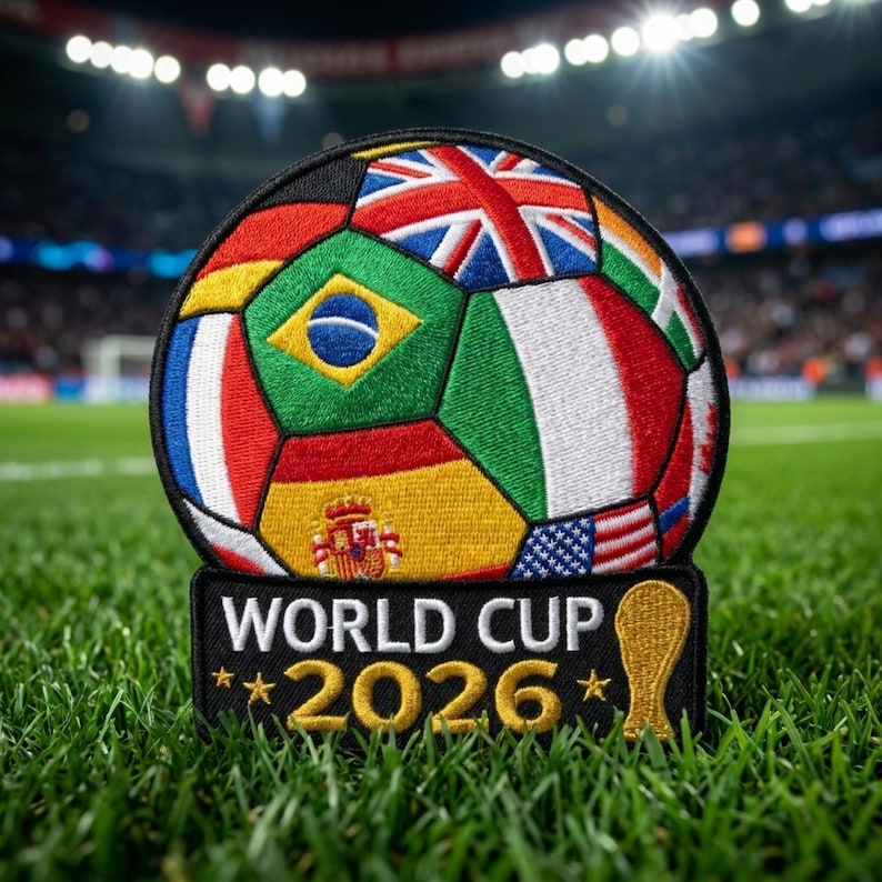 May include: Embroidered patch featuring a soccer ball design with flags of various countries. The patch includes the text "WORLD CUP 2026" in white lettering on a black background, with a gold trophy icon.