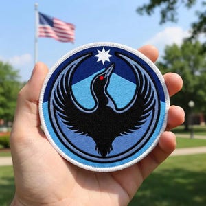 May include: Round patch featuring a black bird with outstretched wings, a red eye, and a star. The bird is set against a blue and light blue background, with a white border. An American flag waves in the background.
