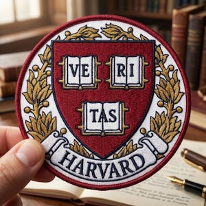 May include: A round embroidered patch featuring the Harvard University crest. The crest is a shield with three open books and the words "VE RI TAS." The patch has a white border and the word "HARVARD" on a banner.