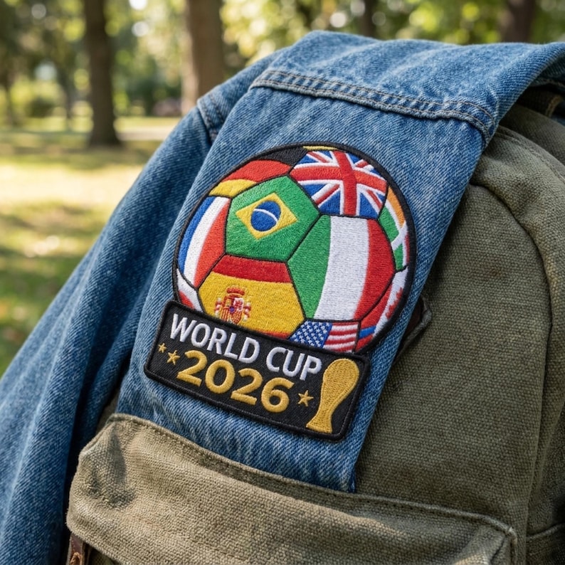 May include: A denim jacket with a soccer ball patch featuring flags of various countries. The patch reads "WORLD CUP 2026" with a gold trophy graphic. The jacket is draped over a green backpack.