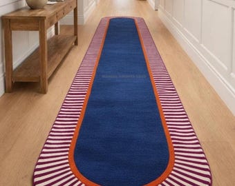Luxury Cobalt Blue Pink Runner Rug, Modern Striped Burgundy Hallway Carpet, Premium Hand-Tufted Art Runner Rug, Vibrant Statement Floor Art: