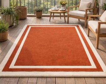 Luxe handgetuft terracotta vloerkleed, modern gebrand oranje en crème vloerkleed, premium balkontapijt binnen en buiten,