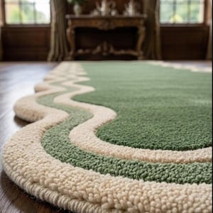 May include: A green and cream-colored area rug with a wavy design. The rug has a textured, plush surface and is bordered by a cream-colored edge. The rug is placed on a hardwood floor.