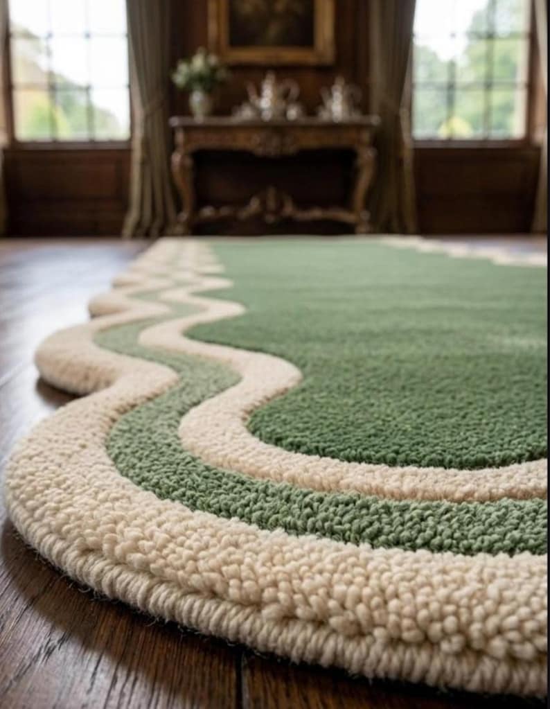 May include: A green and cream-colored area rug with a wavy design. The rug has a textured, plush surface and is bordered by a cream-colored edge. The rug is placed on a hardwood floor.