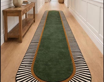 Luxury Hand-Tufted Pill-Shaped Runner, Modern Forest Green & Ochre Hallway Rug, Premium Oblong Designer Carpet: