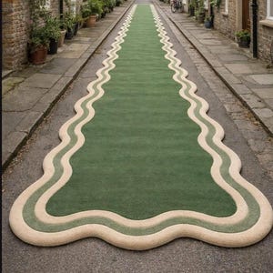 May include: A green rug with a unique, wavy border design. The rug is placed on a cobblestone street, creating a striking contrast. The rug's color palette includes shades of green and beige, adding a touch of nature to the urban setting.