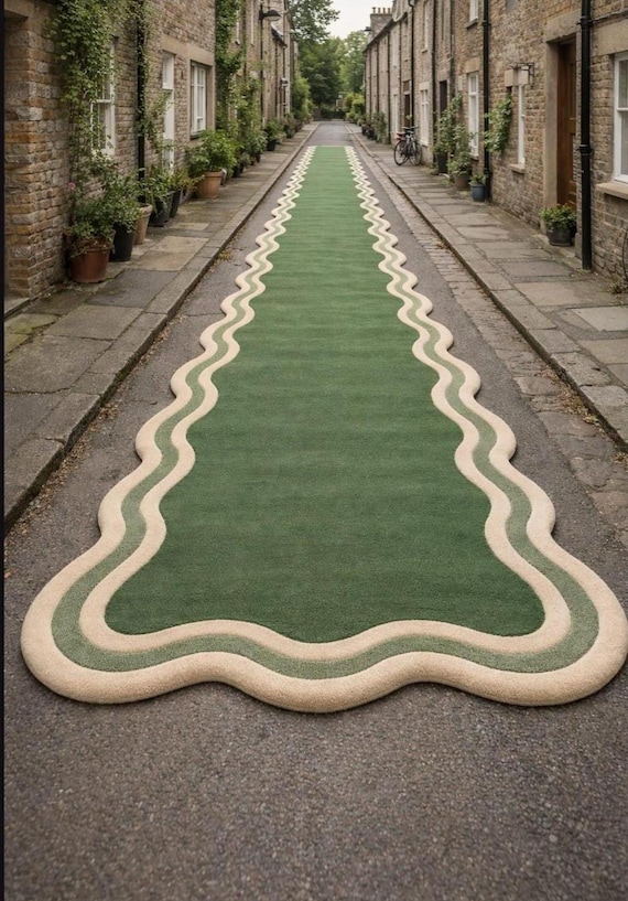 Hand-Tufted Extra Long Hallway Runner, Scalloped Green Wavy Border Rug, Premium 3D Sculpted Corridor Carpet,
