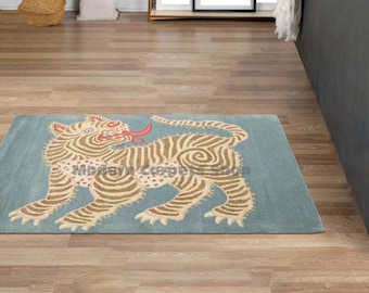 Handgetuft Tibetaans tijgertapijt, modern leisteenblauw tapijt met dierenmotief, premium volkskunststatementtapijt,