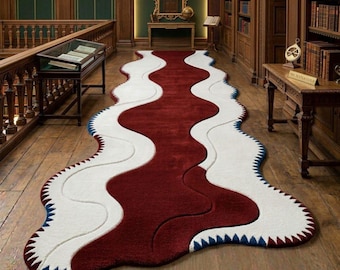 Luxury Hand-Tufted Abstract Runner, Irregular Shaped Wavy Hallway Rug, Premium 3D Carved Burgundy & Ivory Carpet,