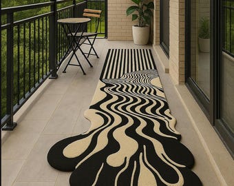 Luxury Hand-Tufted Wavy Melting Runner Rug, Modern 3D Carved Psychedelic Hallway Carpet, Premium Black & Cream Trippy Streetwear Decor: