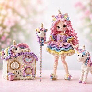 Puede incluir: Una colección de artículos de unicornio hechos a mano con ganchillo. Incluye una muñeca con pelo rosa, un bastón de unicornio, una figura de unicornio y una casa con un diseño de unicornio y arcoíris. Los artículos presentan colores pastel y detalles intrincados.
