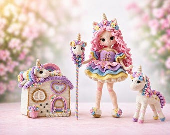 Lunaria Einhorn Häkelanleitung Bundle PDF, Fairy Doll Amigurumi, Einhorn & Haus Häkelanleitung, süßes Häkelspielzeug, Englisch Digital Download