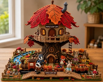 Herbst Ahorn Blatt Baumhaus Häkelanleitung PDF, Waldtier Häkelanleitung, Feen Waldhaus,Amigurumi Fuchs Kaninchen Dachs,Kinderzimmer Dekor