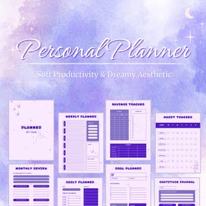 Peut inclure: Ensemble de pages de planificateur imprimables avec une esthétique onirique. Les pages comprennent des sections pour un planificateur personnel, un planificateur hebdomadaire, un suivi des économies, un suivi des habitudes, une revue mensuelle, un planificateur quotidien, un planificateur d'objectifs et un journal de gratitude.