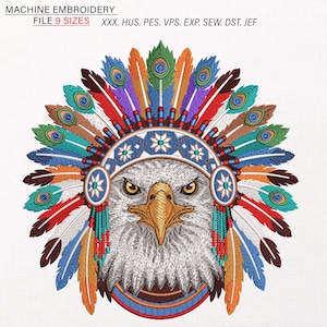 May include: Machine embroidery design featuring an eagle wearing a colorful headdress. The eagle has a stern expression with yellow eyes and a golden beak. The headdress includes feathers in various colors and the text "FILE 9 SIZES".