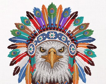 Eagle Headdress Embroidery Design, Native American Eagle Pattern, Patriotic War Bonnet Stitch File, Large Jacket Back PES DST JEF