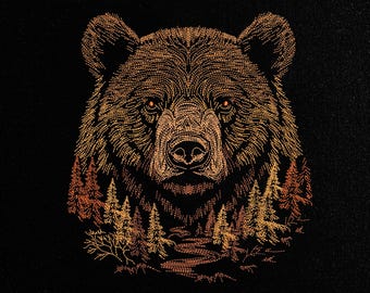 Bear Embroidery Design, Nature Grizzly Forest Machine Embroidery Pattern, Wildlife Double Exposure Landscape File, PES DST JEF VP3