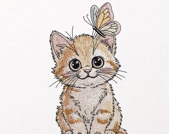 Calico Cat Embroidery Design, Kitten with Butterfly Machine Pattern, Anime Embroidery File, Digital Download, 9 Sizes in 8 Formats,