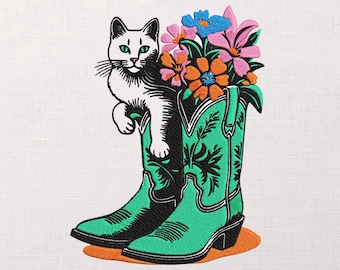 Cat in Cowboy Boots Embroidery Design, Western Floral Kitty Pattern, Anime Embroidery PES DST JEF, Boho Flower Boot Embroidery File