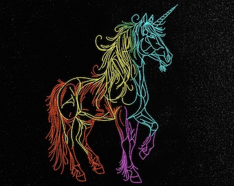 Neon Unicorn Embroidery Design, Rainbow Horse Machine Embroidery Pattern, Fantasy Mythical Creature, Anime Embroidery Line Art, 8 Formats,