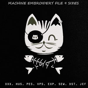 Op de afbeelding: Machine borduur bestand met een witte kattenkop met een zwart ooglapje en een knipoog. Onder de kat staat een paar vissenskeletten. De tekst "MACHINE EMBROIDERY FILE 9 SIZES" staat bovenaan.