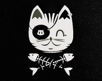 Pirate Cat Embroidery Design, Captain Kitty Machine Embroidery Pattern, Nautical Fish Bones Stitch File, Pirate Eye Patch Cat, PES DST JEF