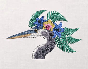 Great Blue Heron Floral Embroidery Design, Bird Machine Embroidery Pattern, Tropical Heron Digital File, Aesthetic Nature Art, 8 Formates,