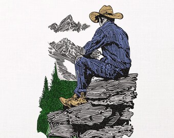 Western Mountain Cowboy Machine Embroidery Design, Sitting Cowboy Stitch File, Large Jacket Back Design, PES DST JEF Download