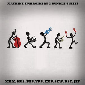 Può includere: Bundle di design per ricamo a macchina con cinque omini stilizzati che suonano. Strumenti: violoncello, batteria, tromba, fisarmonica e maracas. Il testo "MACHINE EMBROIDERY 2 BUNDLE 9 SIZES" è in alto.