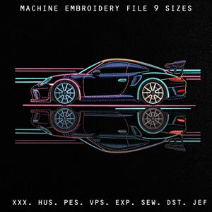 May include: Black car embroidery design with neon pink, blue, and yellow accents. The design includes the text "MACHINE EMBROIDERY FILE 9 SIZES" at the top and file type abbreviations at the bottom. The car is reflected below.
