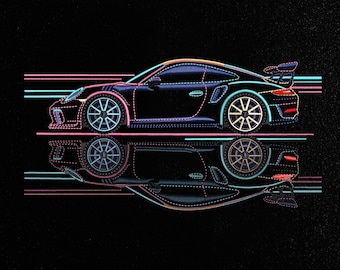 Neon Sports Car Embroidery Design, Supercar Machine Embroidery Pattern, Cyberpunk Racing Car PES DST JEF Files, Modern Automotive Art