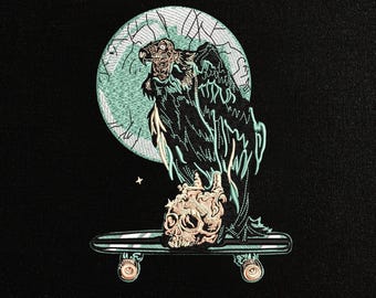 Vulture Skateboard Embroidery Design, Gothic Skull Machine Embroidery Pattern, Edgy Skater Style Digital File,