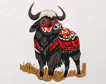 Yak Embroidery Design, Tribal Bull Machine Embroidery Pattern, Tibetan Ox Digital File, Boho Animal Decor, Anime Embroidery,Instant Download