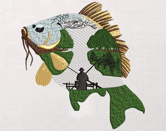 Fishing Embroidery Design, Fish Landscape Scene Pattern, Bass Fishing Silhouette, Nature Lover Gift PES DST JEF, Machine Embroidery File