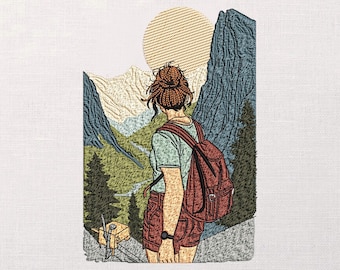 Hiking Girl Embroidery Design, Mountain Landscape Machine Embroidery Pattern, Outdoor Adventure Scene, Hiker Backpacking Gift, PES DST JEF