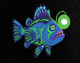Anglerfish Embroidery Design, Deep Sea Monster Fish Pattern, Neon Fish Machine Embroidery PES DST JEF, 09 Sizes, Digital Download File