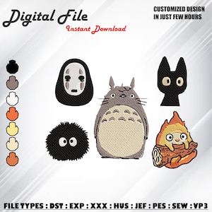 May include: Digital file featuring embroidered designs of characters from animated films. Includes a black cat, a soot sprite, and a large gray creature. Text reads "Digital File" and "Instant Download". Additional text states "Customized Design in Just Few Hours".