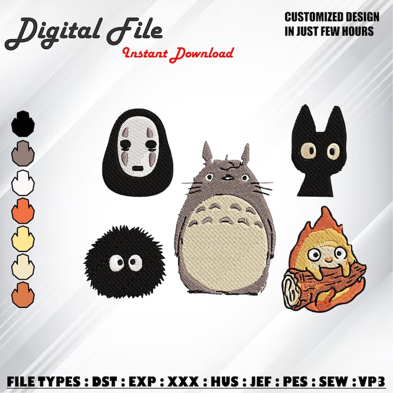 May include: Digital file featuring embroidered designs of characters from animated films. Includes a black cat, a soot sprite, and a large gray creature. Text reads "Digital File" and "Instant Download". Additional text states "Customized Design in Just Few Hours".