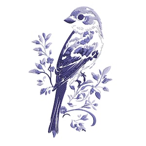 Puede incluir: Un bordado detallado de un pájaro posado en una rama floral. El pájaro está representado en tonos de azul y blanco, con puntadas intrincadas que crean textura y dimensión. La rama floral añade un toque de naturaleza, sobre un fondo blanco.