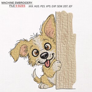 May include: Machine embroidery design of a cartoon dog peeking from behind a wooden post. The dog has tan and white fur, brown eyes, and a pink tongue. The text "MACHINE EMBROIDERY" and "FILE 9 SIZES" is at the top.