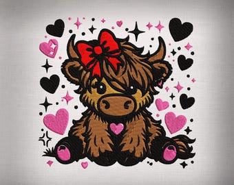 Cute Highland Cow Embroidery Design, Valentine Heart Machine Embroidery Pattern, Cow With Bow Stitch File, Hoodie Embroidery, 8 Sizes,