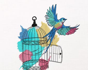 Vogelkäfig Stickdatei, fliegender Vogel Maschinenmuster, Aquarell Wildtier Kunst, Ästhetische Naturszene, PES DST JEF Digitale Datei