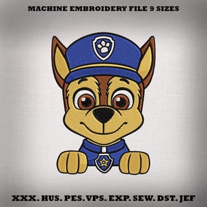 May include: Machine embroidery file featuring a cartoon police dog character in a blue uniform and hat. The design includes the text "MACHINE EMBROIDERY FILE 9 SIZES" at the top and file type abbreviations at the bottom.