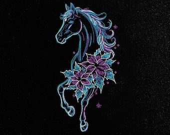 Neon Horse Embroidery Design, Floral Horse Machine Embroidery Pattern, Anime Embroidery Digital File, Fantasy Horse, 8 Formats and 9 sized.