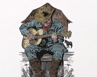 Cowboy Guitar Machine Embroidery Design, Western Musician Pattern, Country Music Stitch File, Large Jacket Back, 09 Sizes in 08 Formats.....