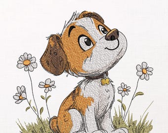 Cute Puppy in Flowers Machine Embroidery Design, Daisy Dog Pattern for Hoodies, Anime Embroidery File, 9 Sizes in 8 Formats