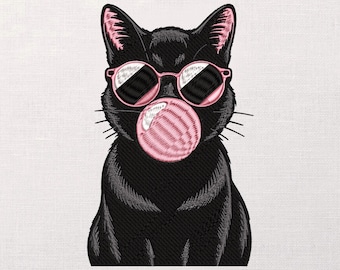 Black Cat with Bubblegum Embroidery Design, Cool Cat Sunglasses Machine Embroidery Pattern, Funny Animal PES DST JEF, Anime Embroidery