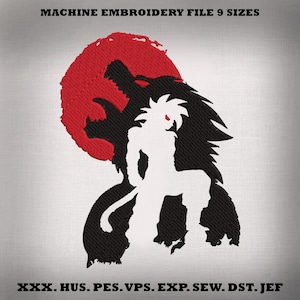 Op de afbeelding: Machine borduur bestand met 9 maten. Het ontwerp toont een wit silhouet van een personage met stekelig haar, tegen een rode cirkel en een zwart draakachtig figuur. De tekst "XXX. HUS. PES. VPS. EXP. SEW. DST. JEF" staat onderaan.